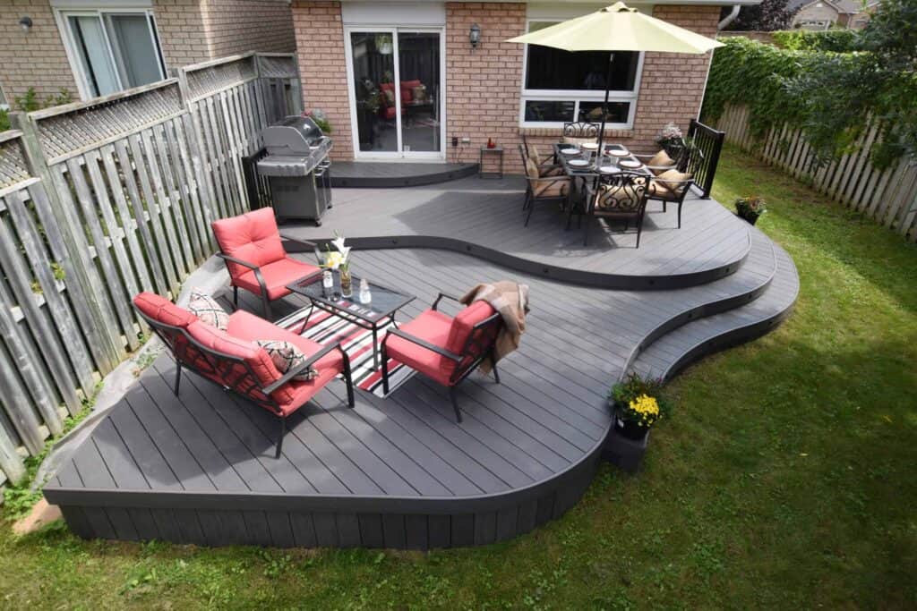 Clubhouse bendable PVC decking in Ironwood