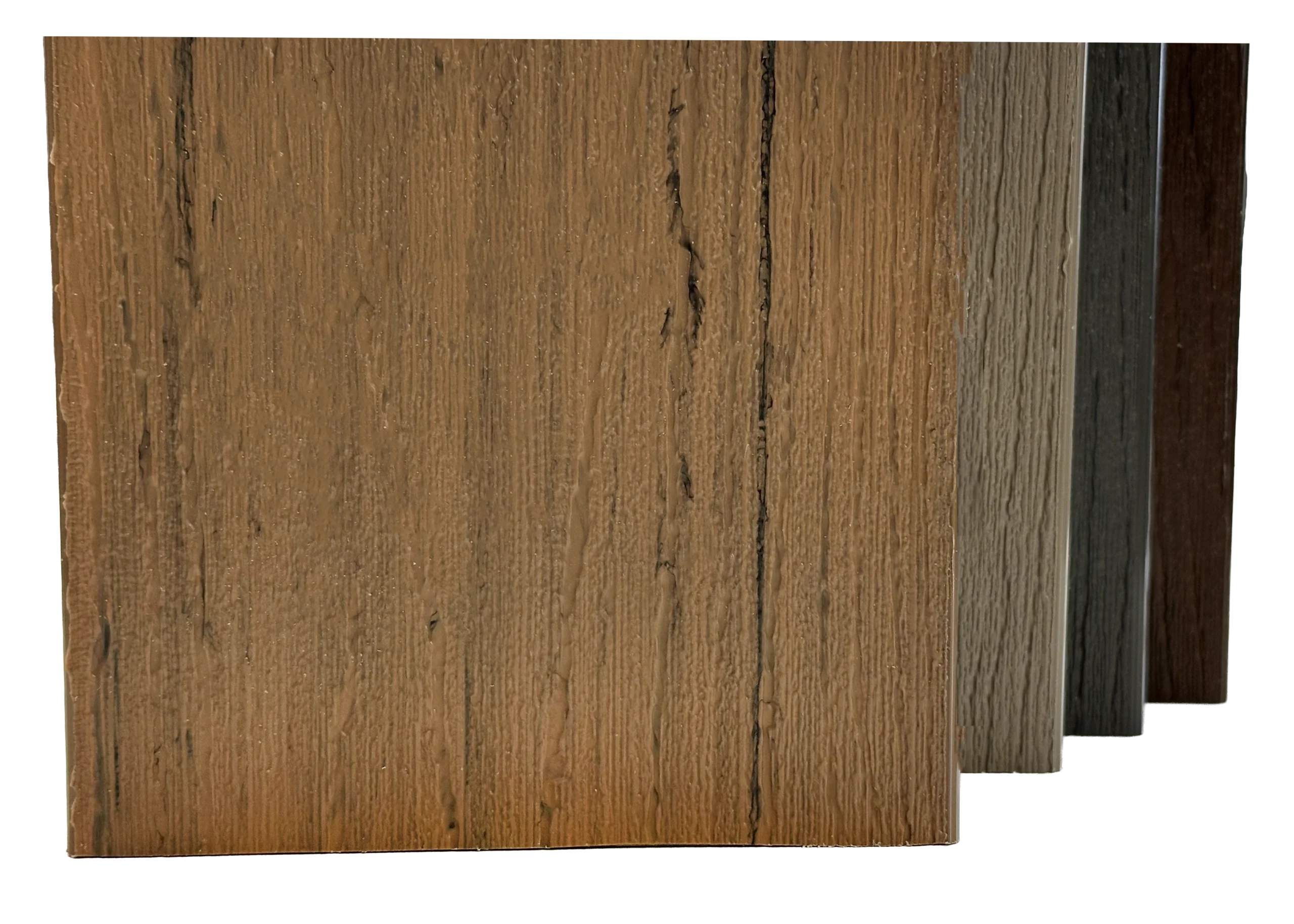 TruNorth composite decking sample boards showing multiple colours and wood grain finishes