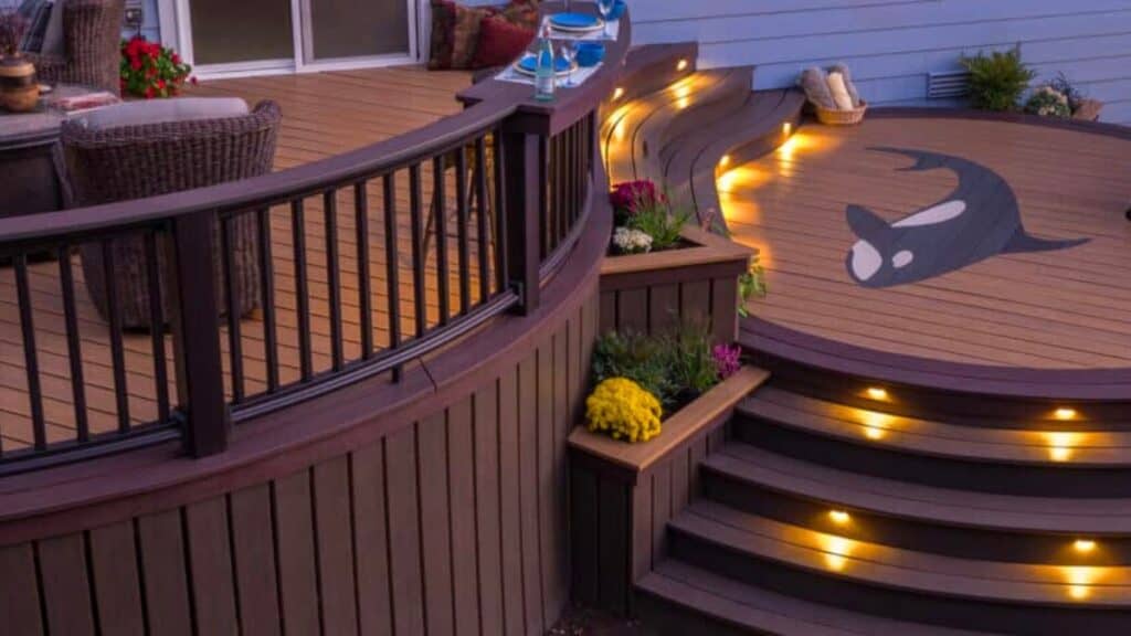 A multi-level curved deck with a whale design and steps