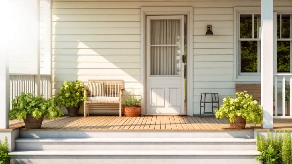 A front porch with plants and a bench