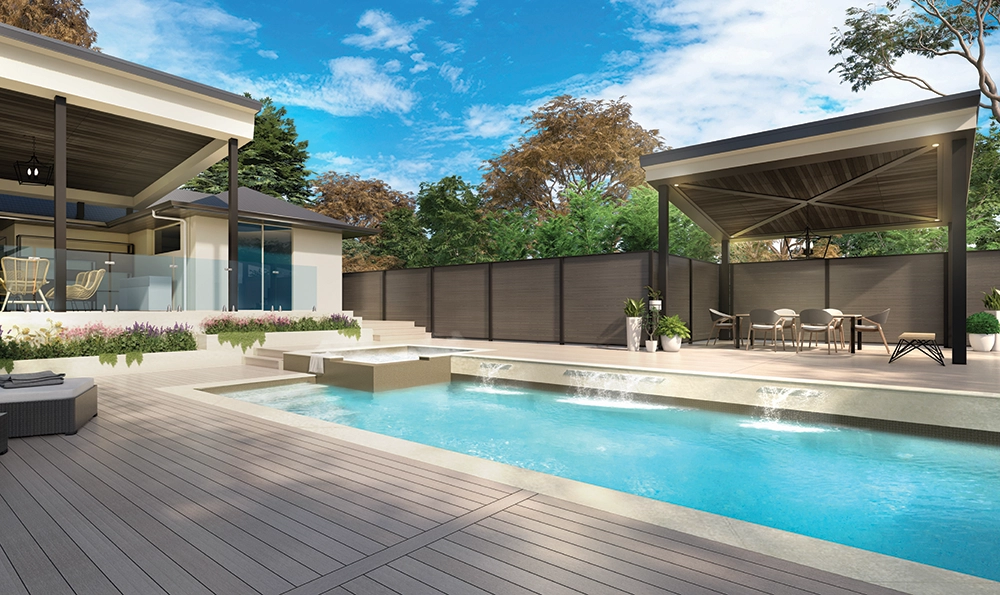 TruNorth Clubhouse Aurora PVC decking in Clay colour surrounding modern backyard pool with pergola and outdoor living space
