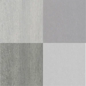Aurora PVC decking sample swatches in Glacier, Brookstone, Shoreline, and Cool Gray showing smooth brushed finish and cool tone color options