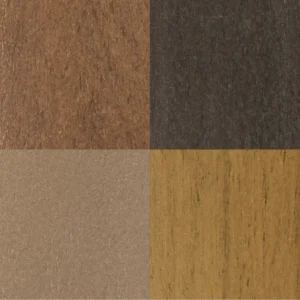 TruNorth Clubhouse Aurora PVC decking swatches in Northern Walnut, Grizzly, Cobblestone, and Caribou showing warm wood-inspired tones with a smooth brushed finish